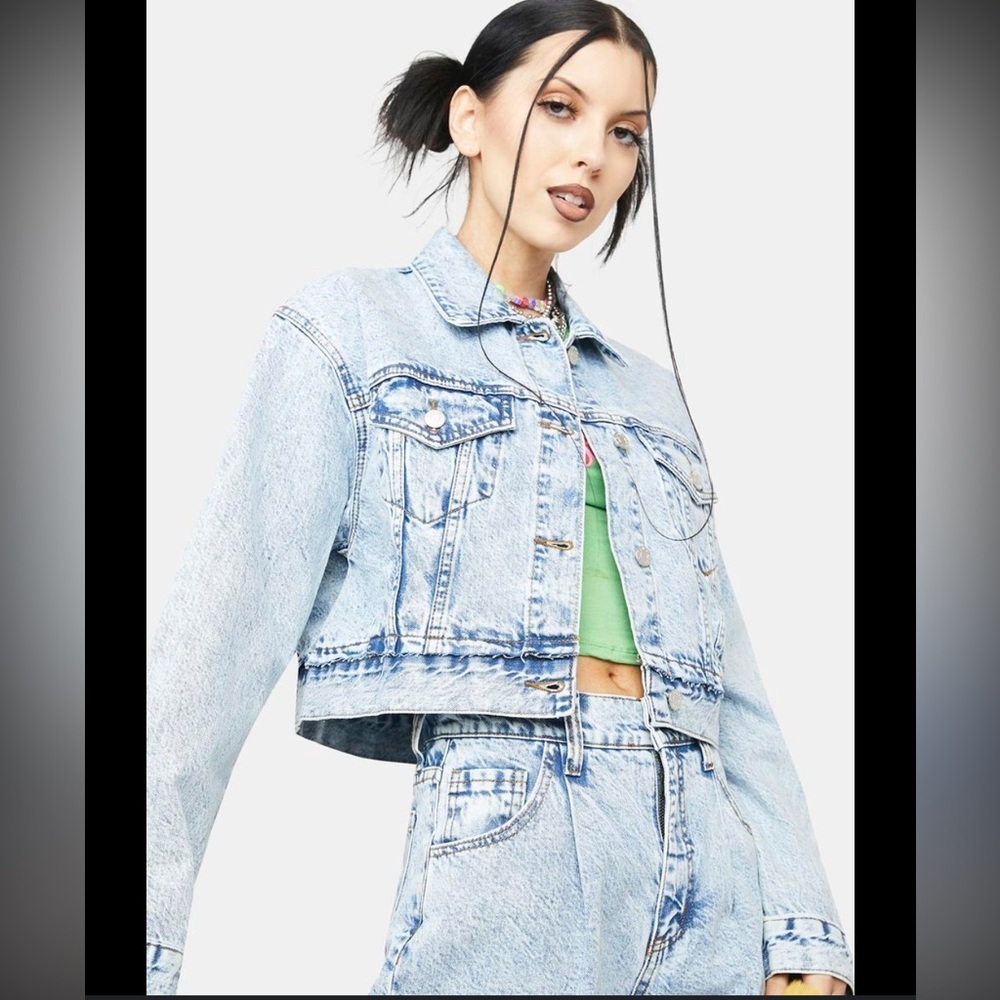 Daze frequent flyer pleated jean jacket womens large